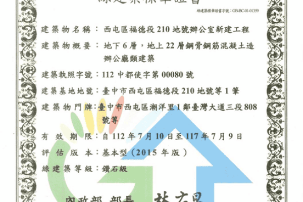 綠建築標章證書：西屯區福德段210地號辦公室新建工程