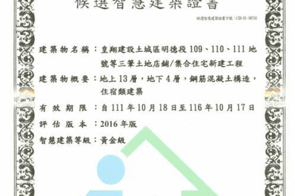 綠建築標章證書：皇翔建設土城區明德段109、110、111地號等三筆土地店鋪/集合住宅新建工程